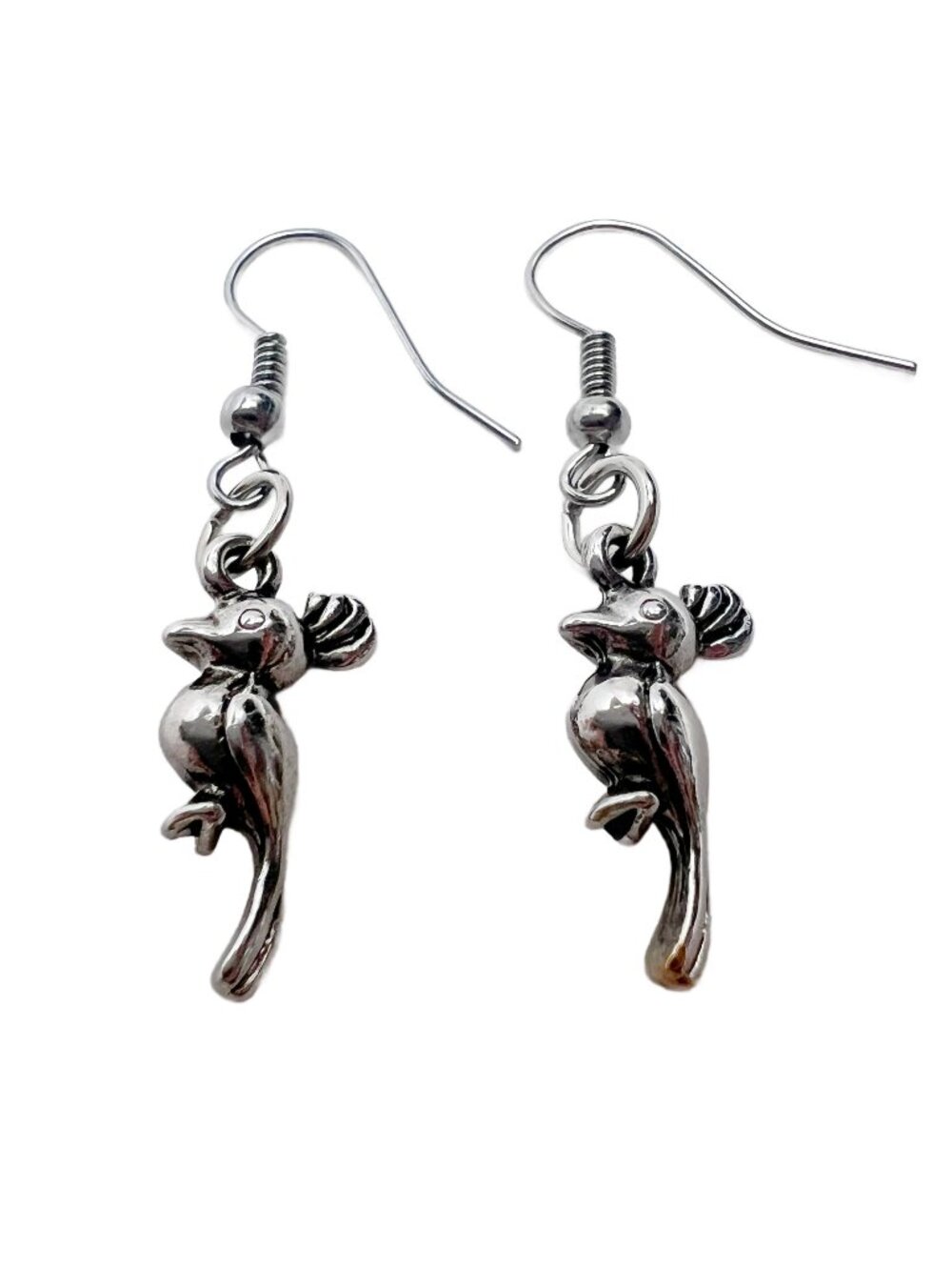 Quirky Woodpecker Dangle Drop Earrings Fun Novelty 3D Bird Jewelry Silver Tone